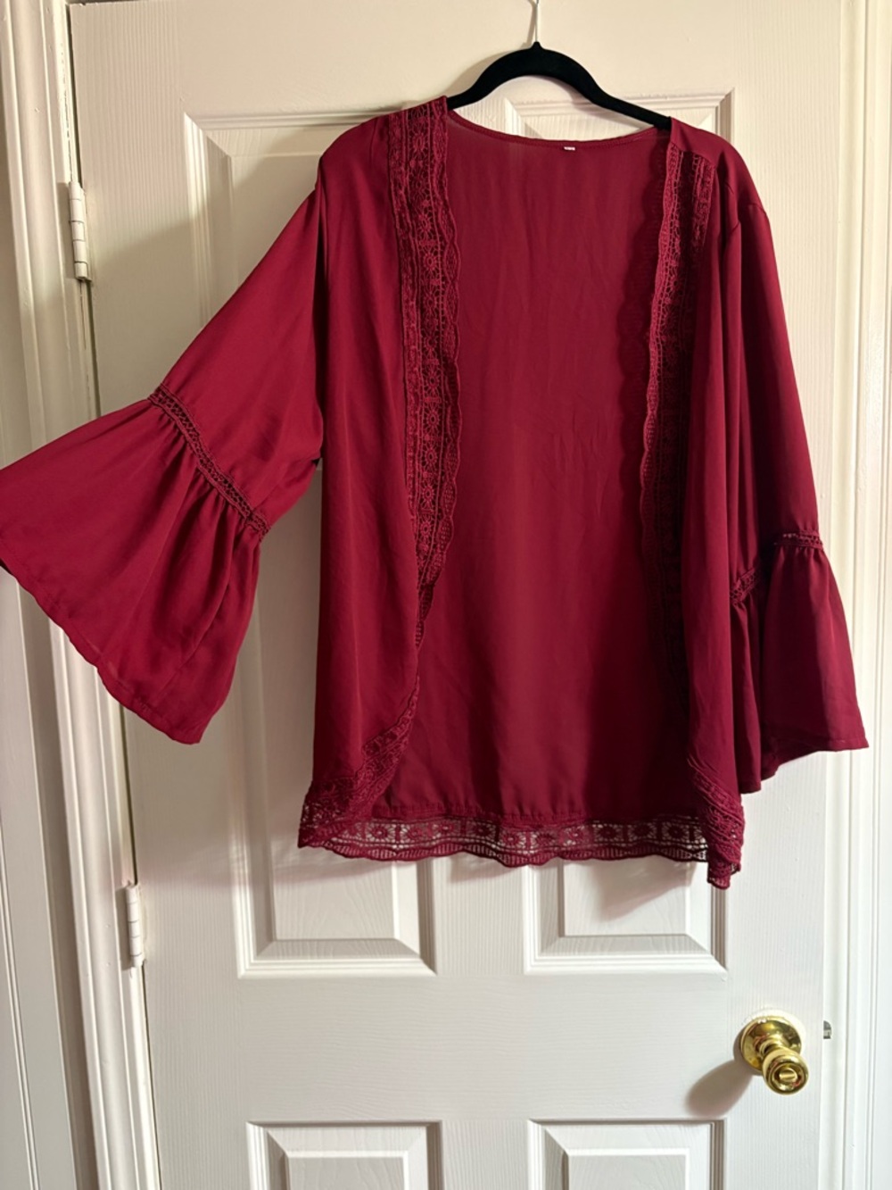 Wine Red Lace-Trim Open Front Kimono
